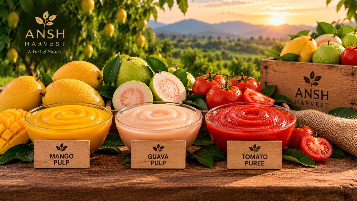 Mango pulp, guava pulp and tomato puree in bowls beside fresh fruit