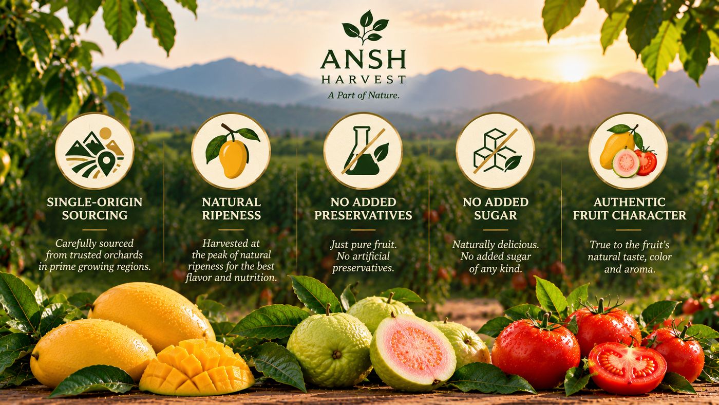 ANSH HARVEST five brand principles with botanical icons over an orchard