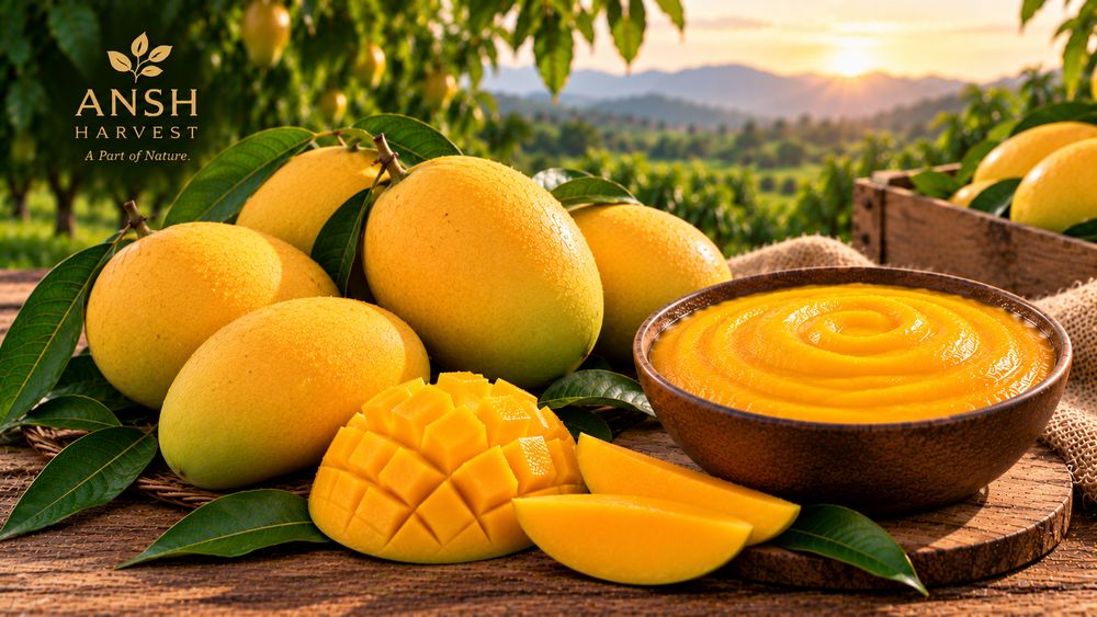 Chausa mangoes with a bowl of mango pulp