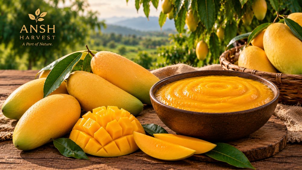 Dasheri mangoes with a bowl of mango pulp