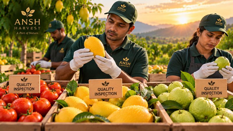 Team members inspecting mangoes, tomatoes and guavas