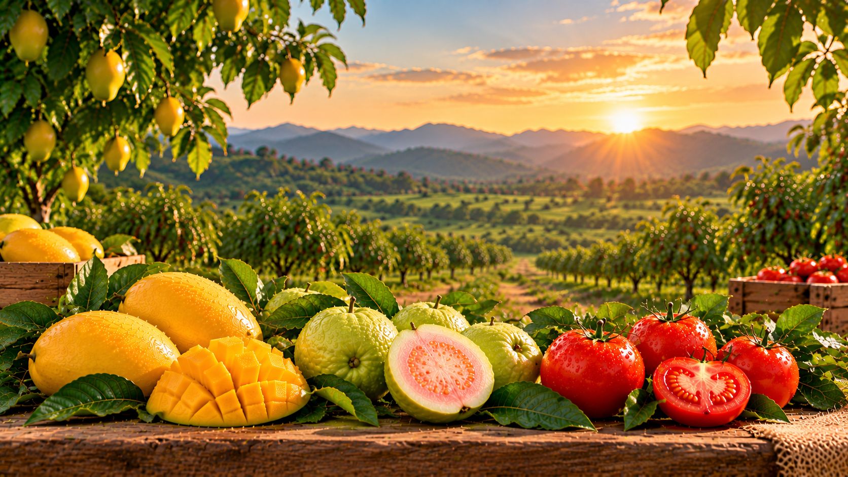 Golden-hour mango orchard with ripe mangoes hanging from the branches