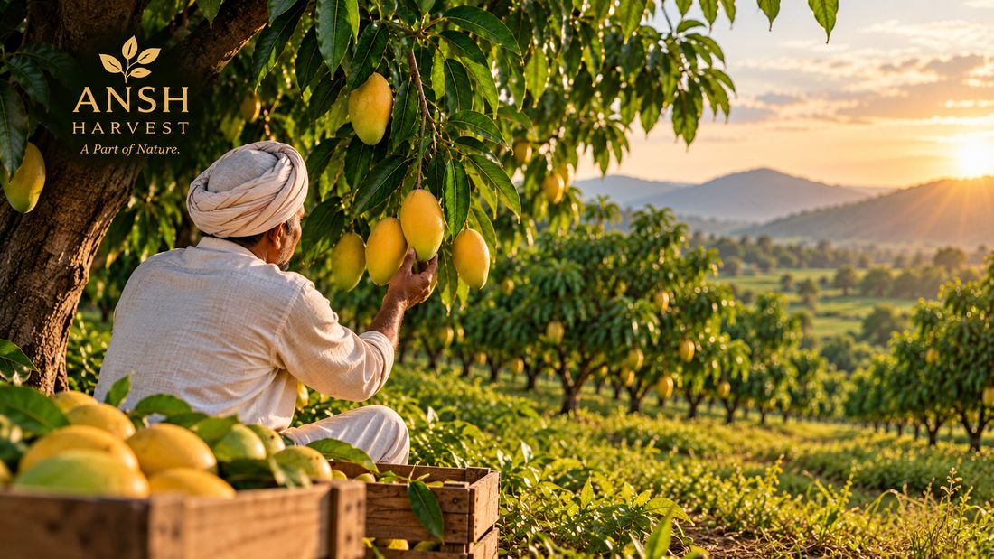 A farmer picking ripe mangoes in an orchard at sunset