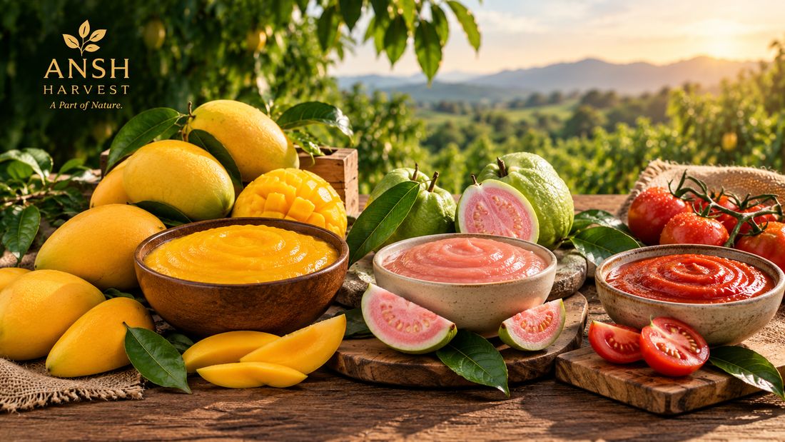Mangoes, guavas and tomatoes with bowls of pulp and puree