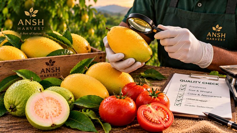 Close inspection of a mango with a magnifier beside guavas and tomatoes
