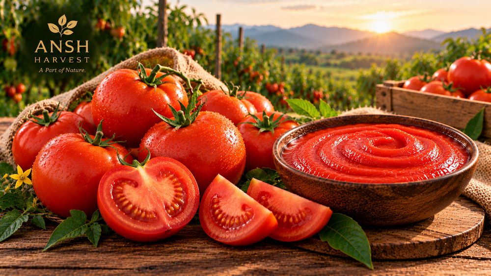 Ripe tomatoes with a bowl of tomato puree